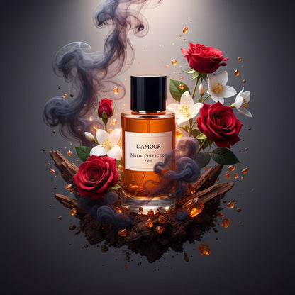 L'Amour perfume by Mizori Collection Paris 50ml women’s Eau de Parfum with sensual floral, fruity and musky notes, luxury fragrance bottle with dark visual effects and ingredients
