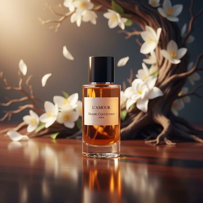 L'Amour perfume by Mizori Collection Paris 50ml women’s Eau de Parfum with romantic floral, fruity and musky notes, elegant fragrance bottle with ingredients and effects