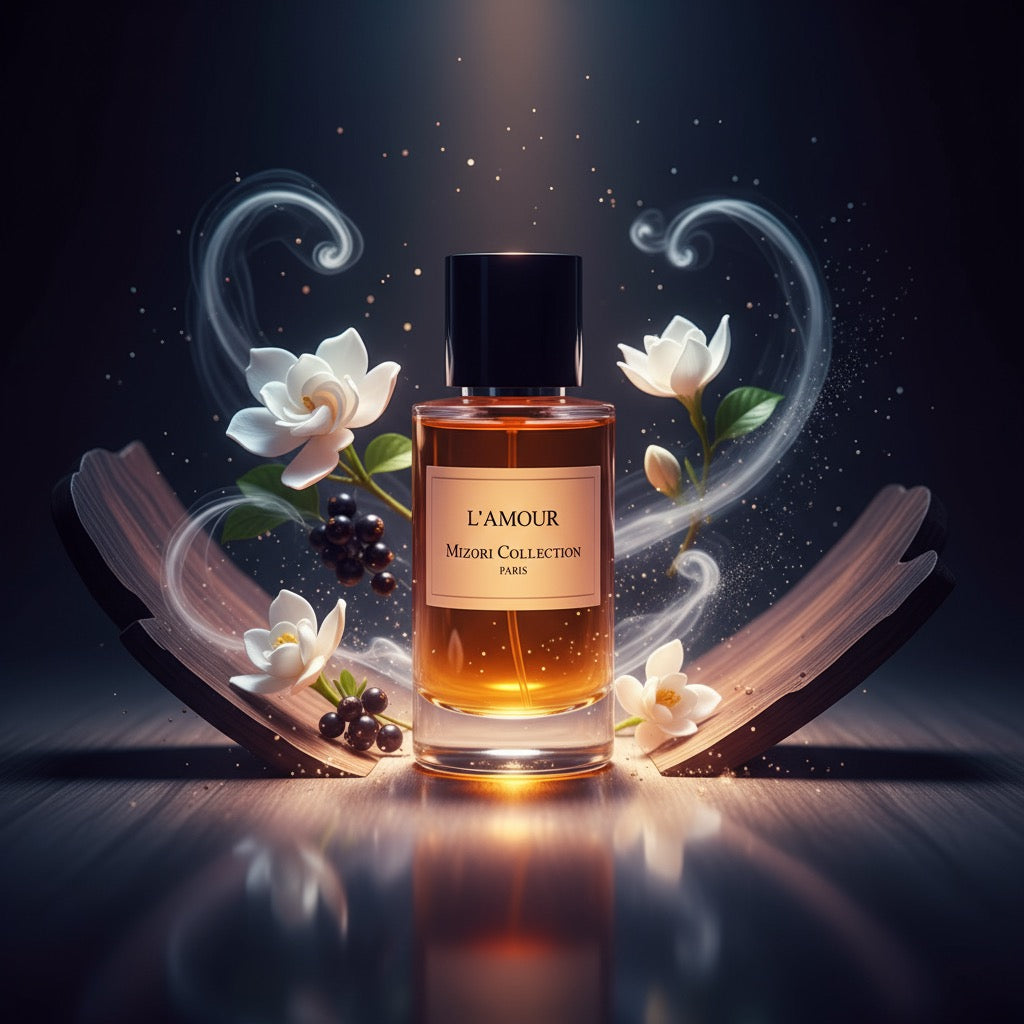 L'Amour perfume by Mizori Collection Paris 50ml women’s Eau de Parfum with romantic floral, fruity and musky notes, elegant fragrance bottle with ingredients and effects