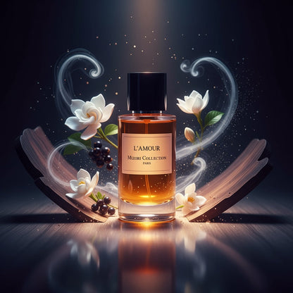 L'Amour perfume by Mizori Collection Paris 50ml women’s Eau de Parfum with romantic floral, fruity and musky notes, elegant fragrance bottle with ingredients and effects