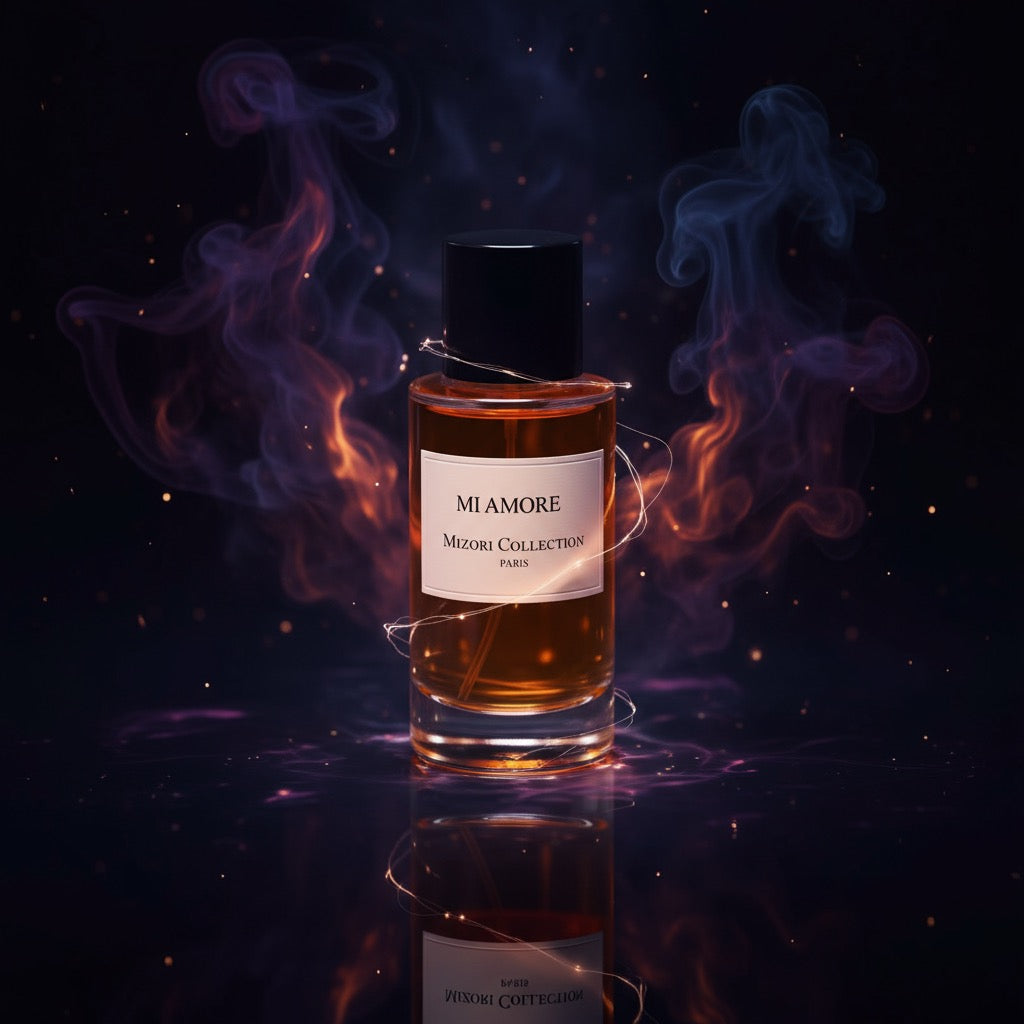 Mi Amore perfume by Mizori Collection Paris 50ml unisex Eau de Parfum with romantic floral, fruity and woody notes, elegant fragrance bottle with dark lightning effects
