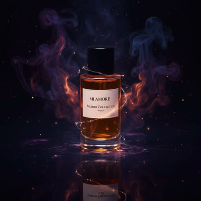 Mi Amore perfume by Mizori Collection Paris 50ml unisex Eau de Parfum with romantic floral, fruity and woody notes, elegant fragrance bottle with dark lightning effects