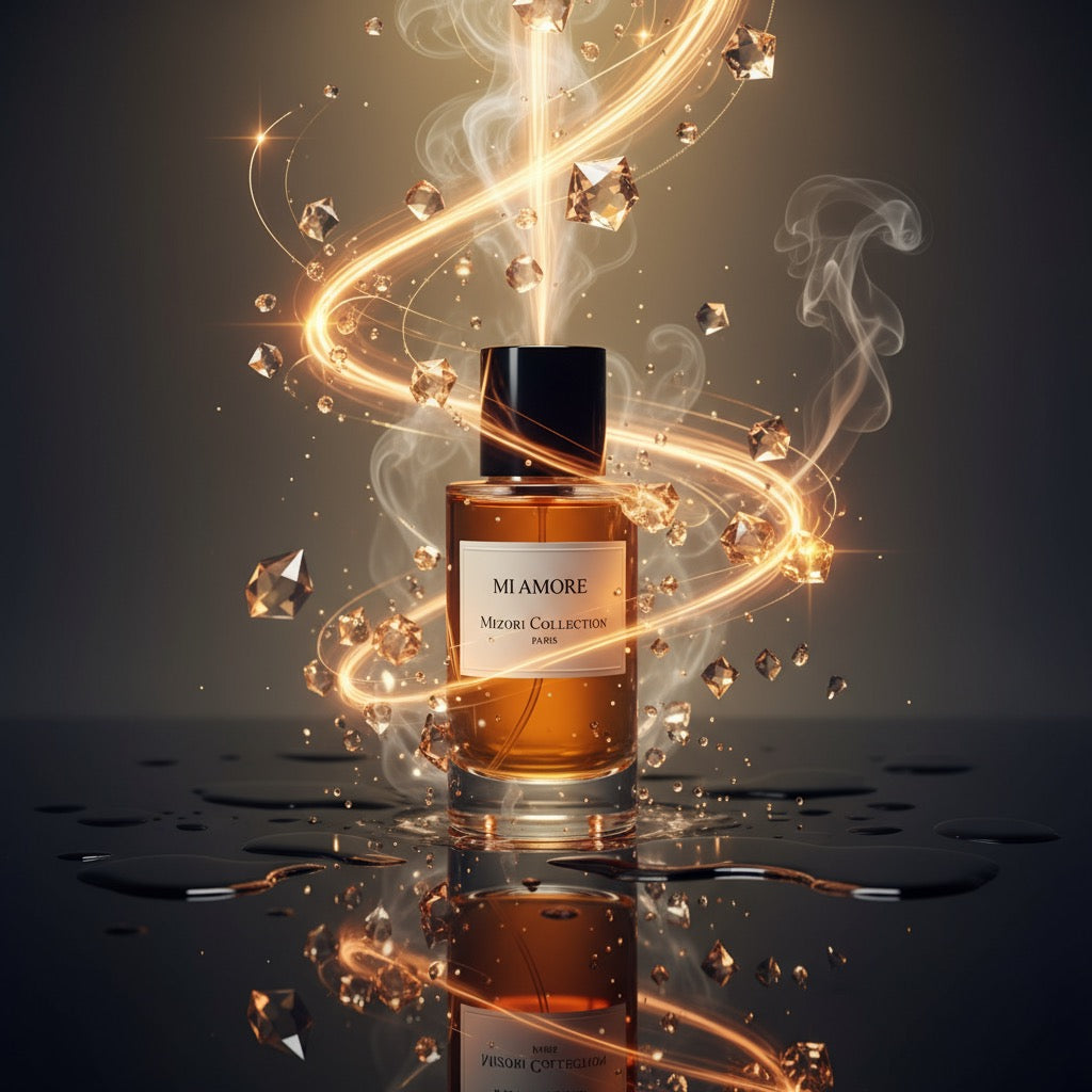 Mi Amore perfume by Mizori Collection Paris 50ml  unisex Eau de Parfum with romantic floral, fruity and woody notes, luxury fragrance bottle with crystal effects