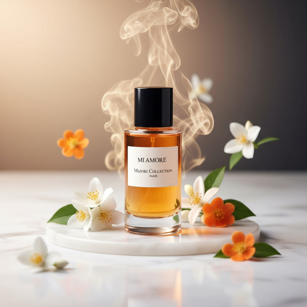 Mi Amore perfume by Mizori Collection Paris 50ml unisex Eau de Parfum with romantic floral rose and woody notes, luxury fragrance bottle with elegant effects