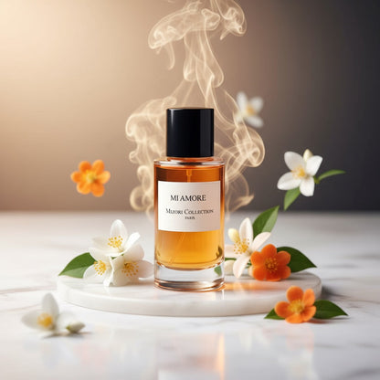 Mi Amore perfume by Mizori Collection Paris 50ml unisex Eau de Parfum with romantic floral rose and woody notes, luxury fragrance bottle with elegant effects