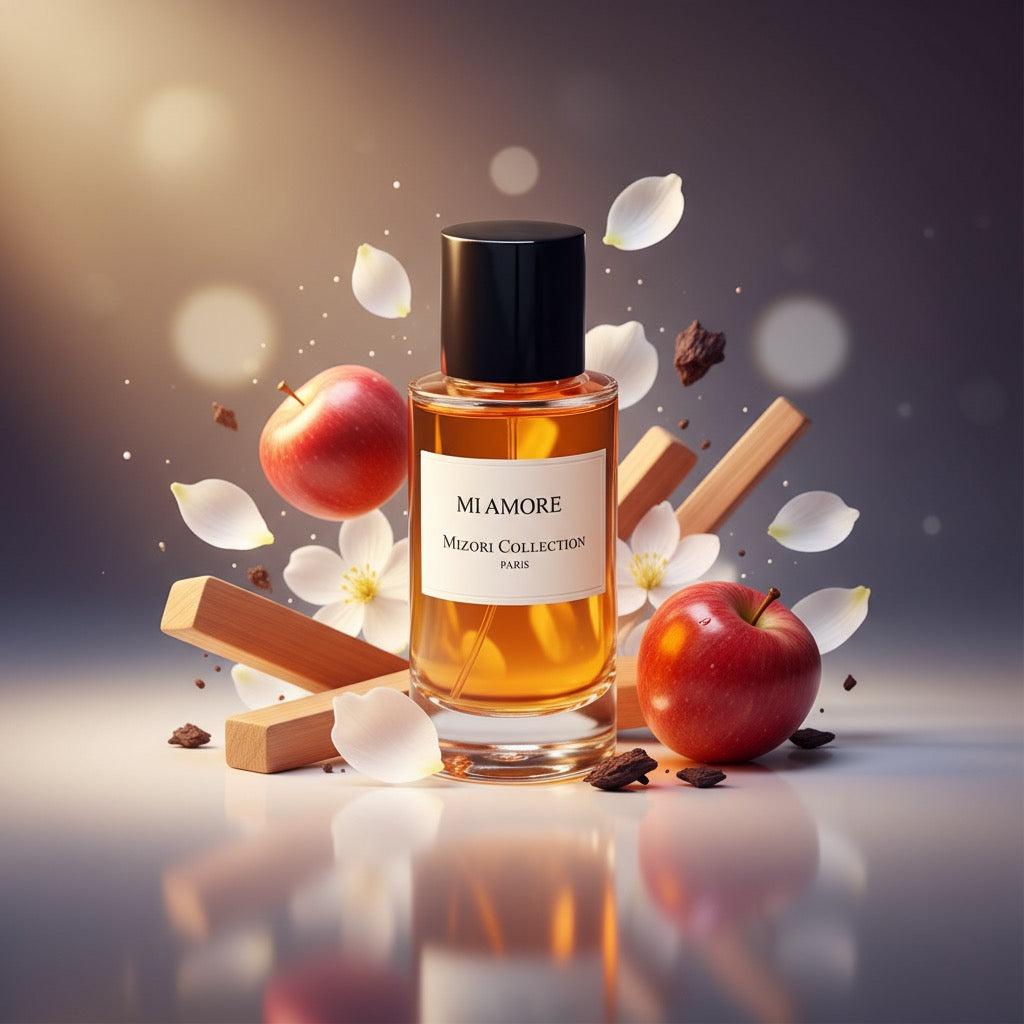 Mi Amore perfume by Mizori Collection Paris 50ml  best seller unisex Eau de Parfum with romantic fruity, floral and woody notes, luxury fragrance bottle with ingredients and effects