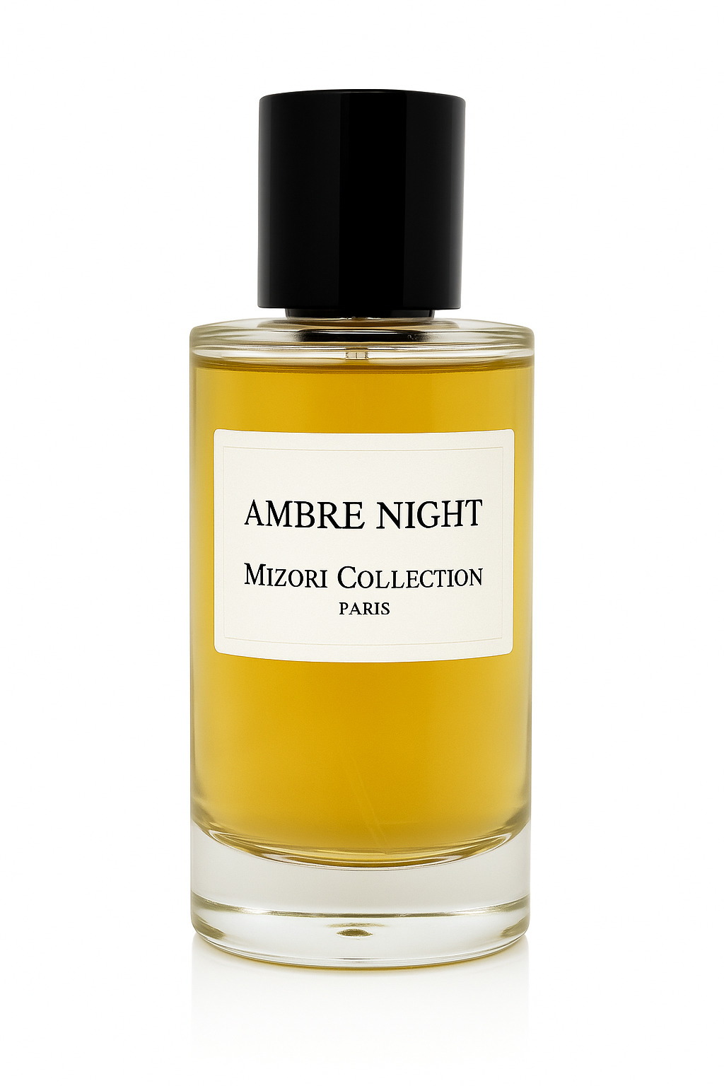 Mizori Collection Paris Ambre Night 50 ml eau de parfum bottle with black cap on white background