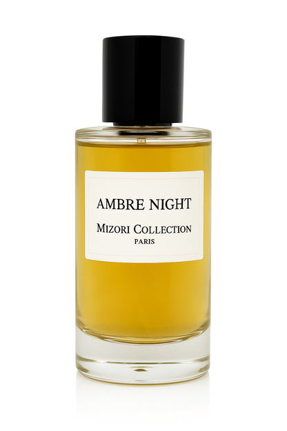 Mizori Collection Paris Ambre Night 50 ml eau de parfum bottle with black cap on white background