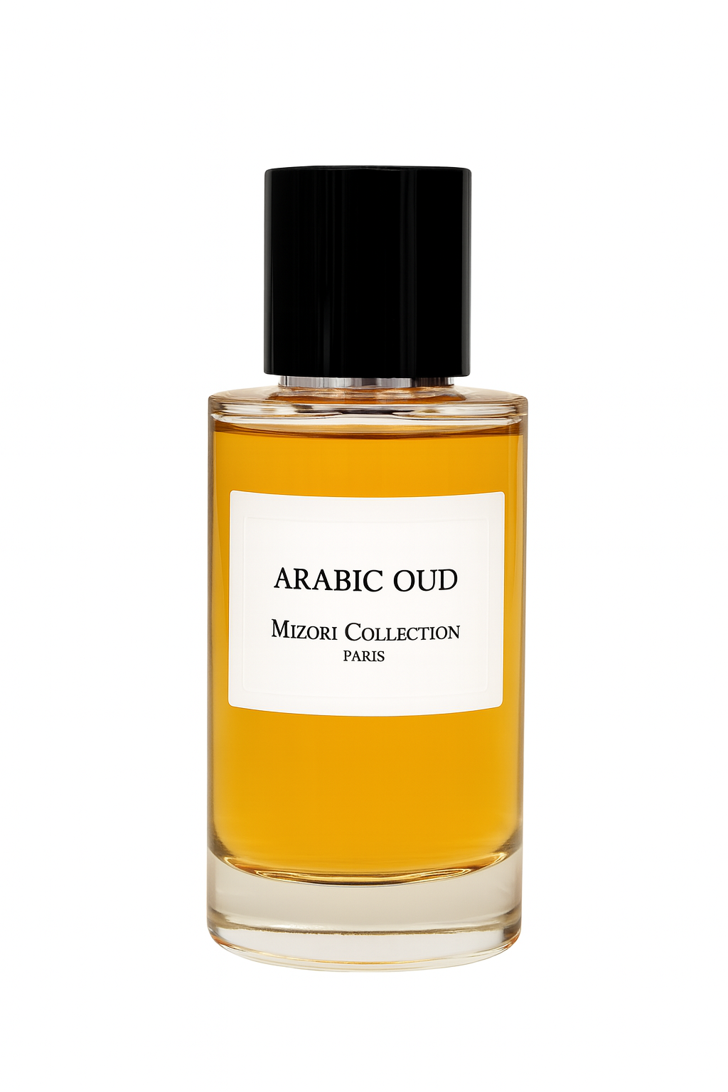 Mizori Collection Paris Arabic Oud 50 ml eau de parfum bottle with black cap on white background