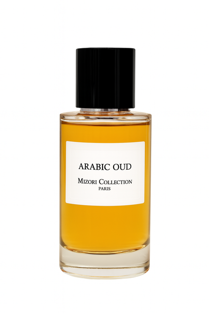 Mizori Collection Paris Arabic Oud 50 ml eau de parfum bottle with black cap on white background