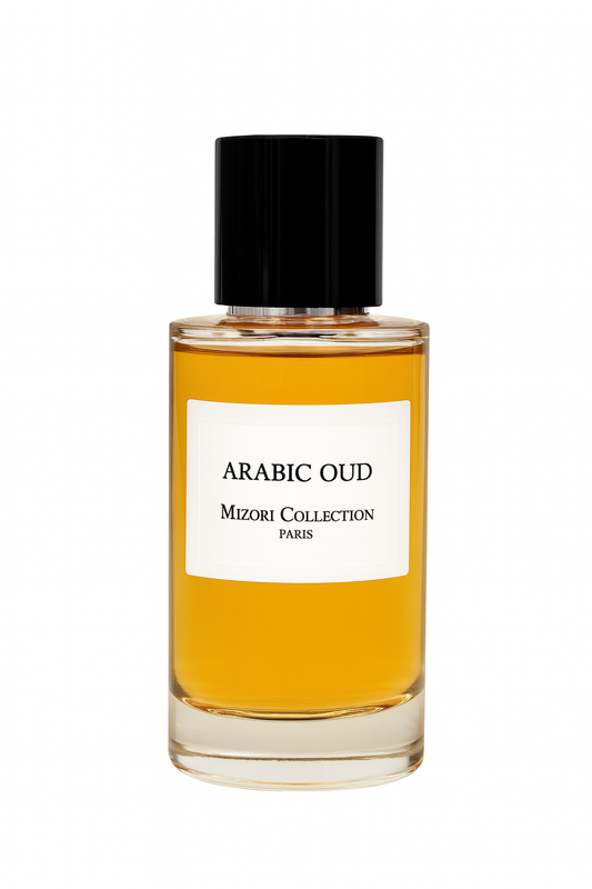 Mizori Collection Paris Arabic Oud 50 ml eau de parfum bottle with black cap on white background
