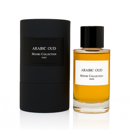 Mizori Collection Paris Arabic Oud 50 ml eau de parfum bottle with black cap and matching box on white background