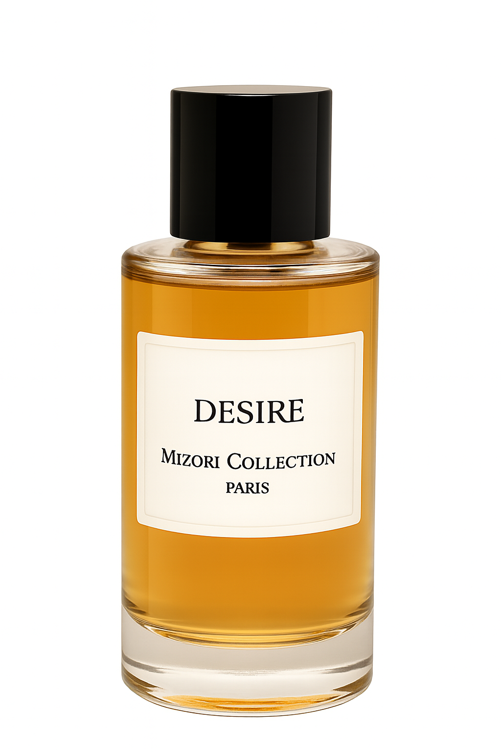 Mizori Collection Paris Desire 50 ml eau de parfum bottle with black cap on white background