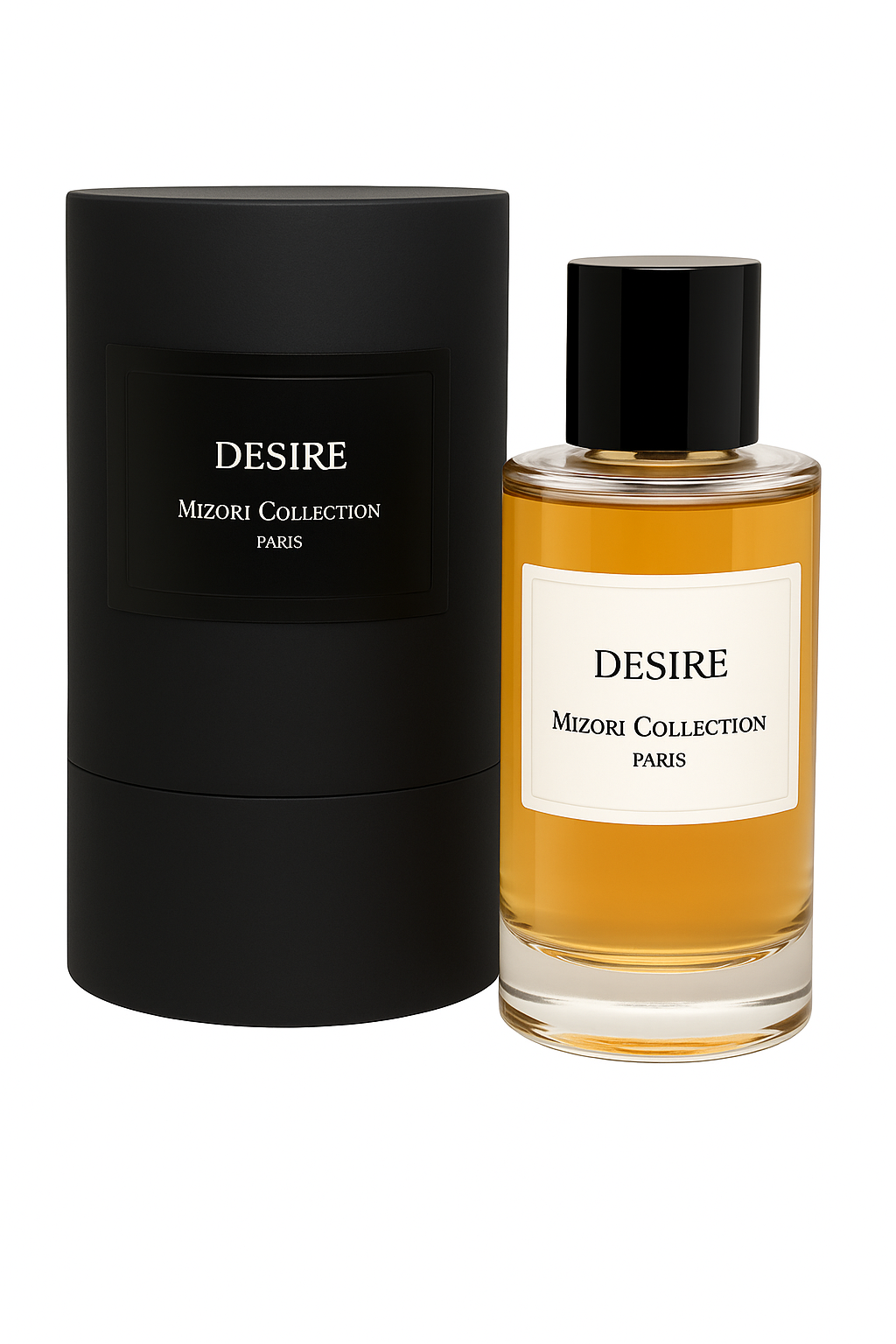 Mizori Collection Paris Desire 50ml EDP perfume bottle with black cap and matching luxury box on white background
