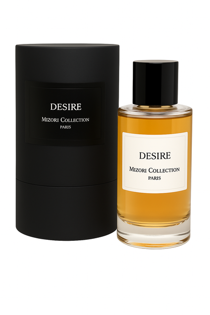 Mizori Collection Paris Desire 50ml EDP perfume bottle with black cap and matching luxury box on white background