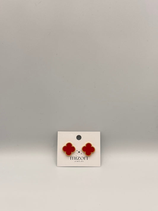 Mizori Jewelry red and gold stainless steel clover earrings, elegant minimalist women’s fashion accessory.