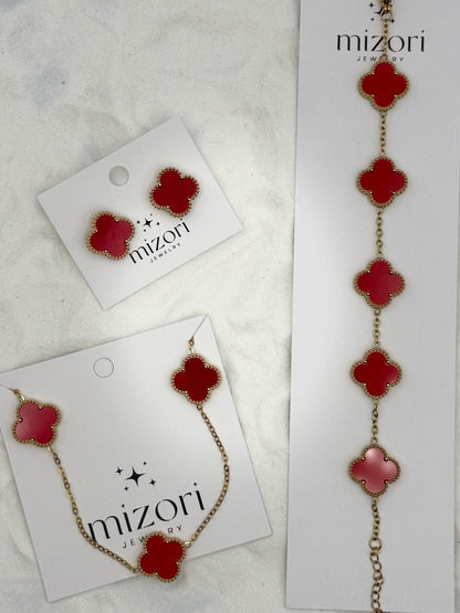 Mizori Jewelry red and gold stainless steel clover necklace and bracelet set, elegant minimalist women’s fashion accessories.