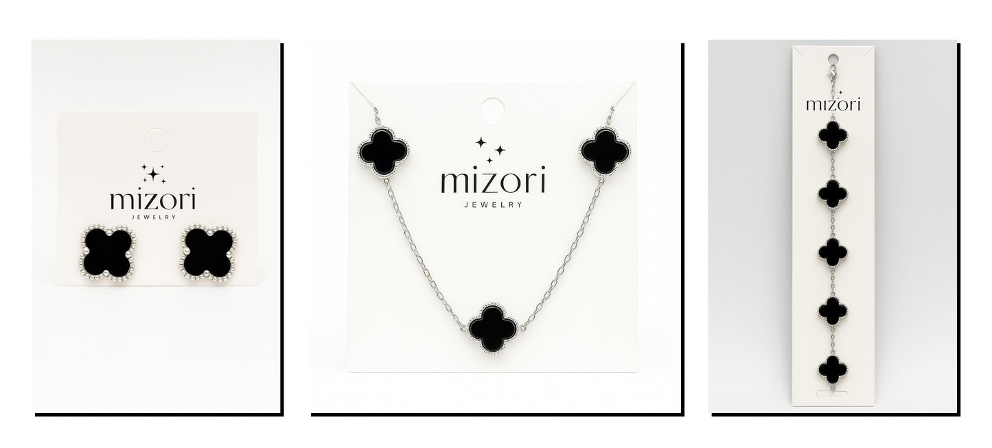 mizori jewelry stainless steel silver and black 13mm clover necklace bracelet and earrings set