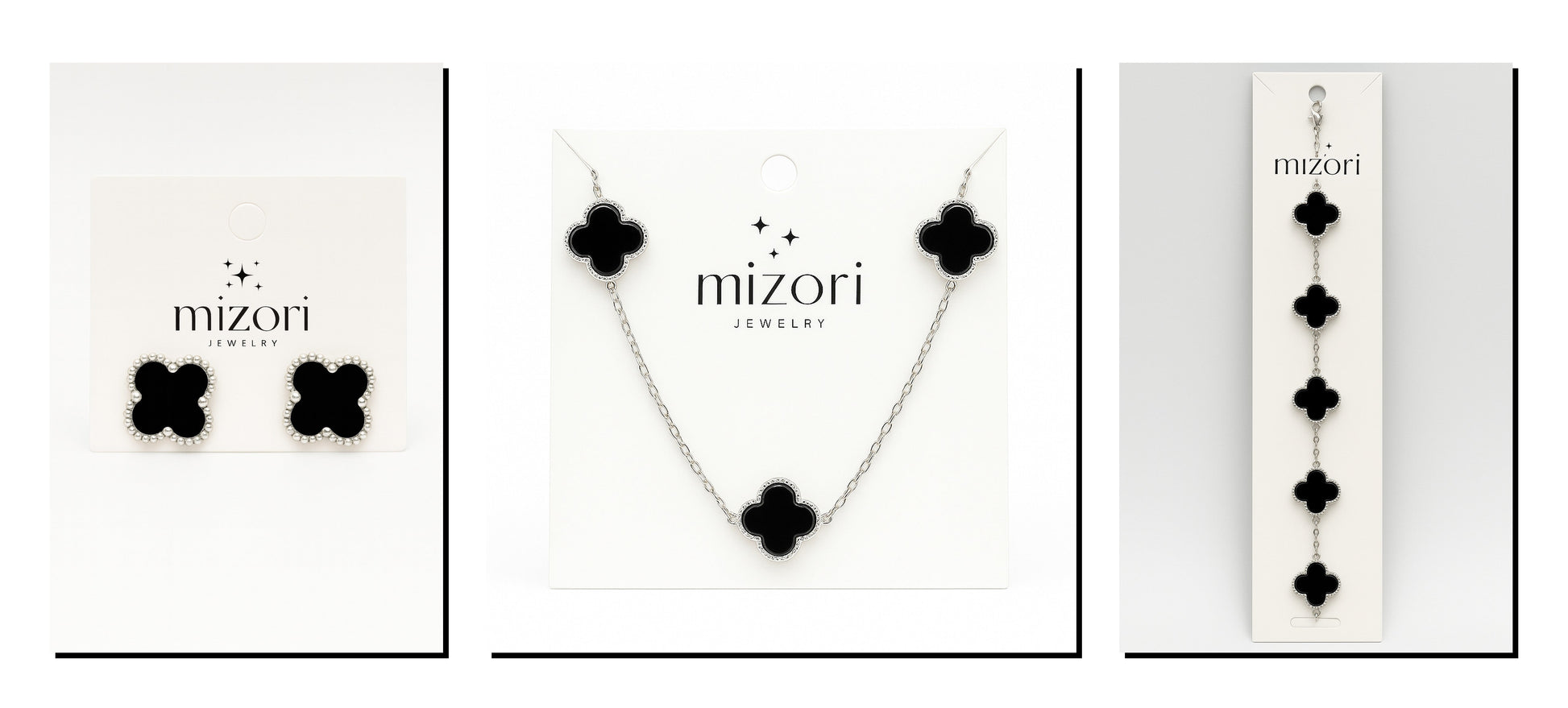 mizori jewelry stainless steel silver and black 13mm clover necklace bracelet and earrings set