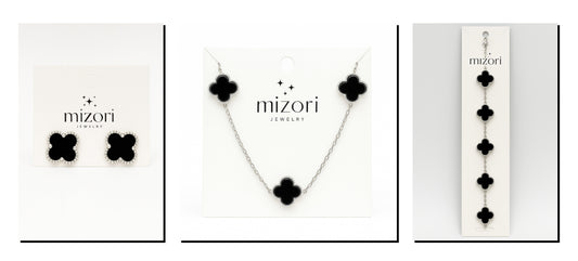 mizori jewelry stainless steel silver and black 13mm clover necklace bracelet and earrings set