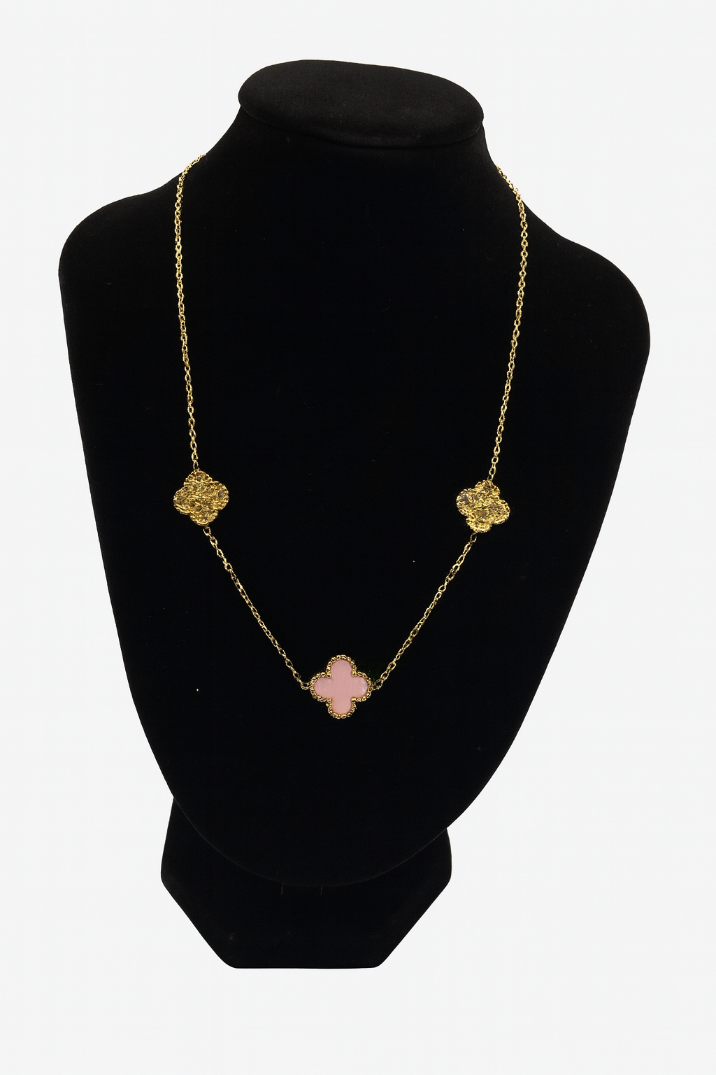 Mizori Jewelry stainless steel 13mm pink clover necklace with crystals in gold finish displayed on stand – water resistant and elegant design