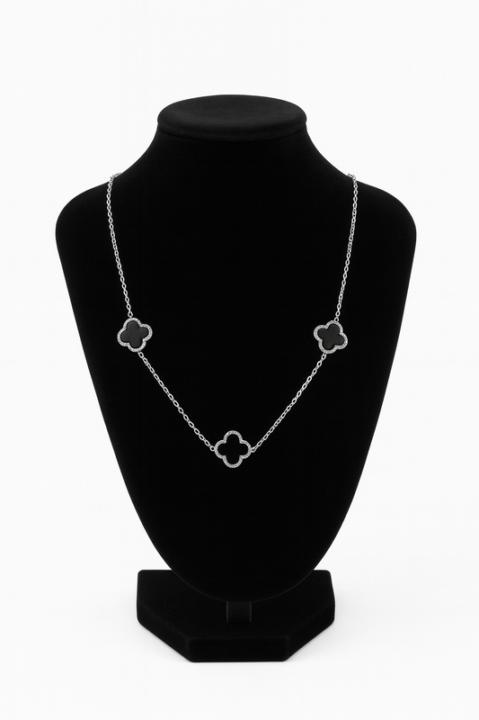 mizori jewelry stainless steel 13mm silver black clover necklace on stand