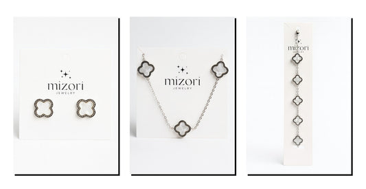 mizori jewelry stainless steel 13mm silver white clover necklace bracelet and earrings set