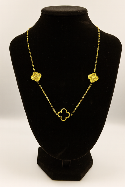 Mizori Jewelry stainless steel clover necklace in gold with crystals and 13mm black clover pendant, water resistant and tarnish free