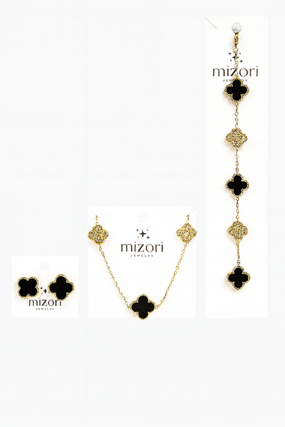 Mizori Jewelry stainless steel gold & black clover set with crystals – 13mm necklace, bracelet, and 15mm earrings