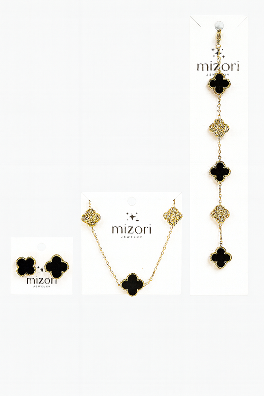 Mizori Jewelry stainless steel gold & black clover set with crystals – 13mm necklace, bracelet, and 15mm earrings