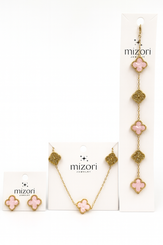 Mizori Jewelry stainless steel gold set with pink clover necklace (13mm), bracelet (13mm), and earrings (15mm), water resistant and tarnish resistant