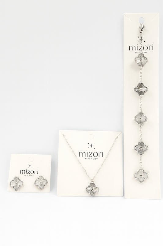 Mizori Jewelry stainless steel silver 13mm clover necklace, bracelet and earrings set