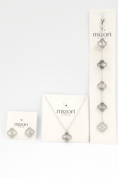 Mizori Jewelry stainless steel silver 13mm clover necklace, bracelet and earrings set