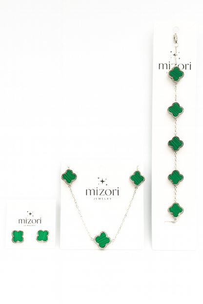 Mizori Jewelry stainless steel silver and green clover set featuring 13mm clover necklace, bracelet, and earrings, water resistant and tarnish-free