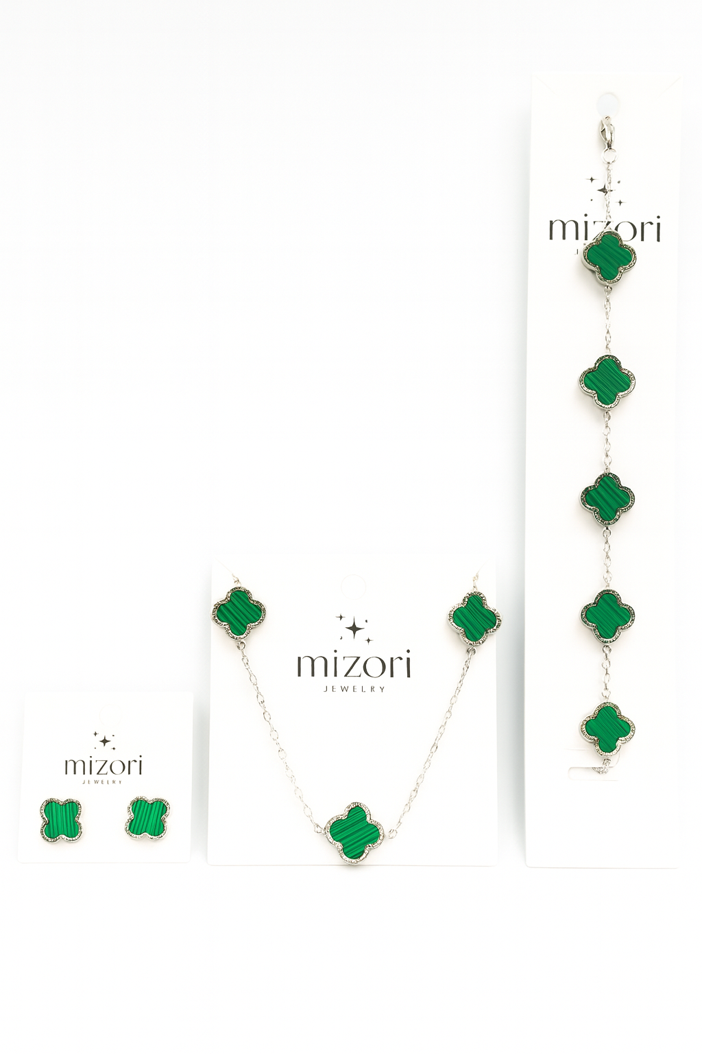 Mizori Jewelry stainless steel silver and green clover set featuring 13mm clover necklace, bracelet, and earrings, water resistant and tarnish-free