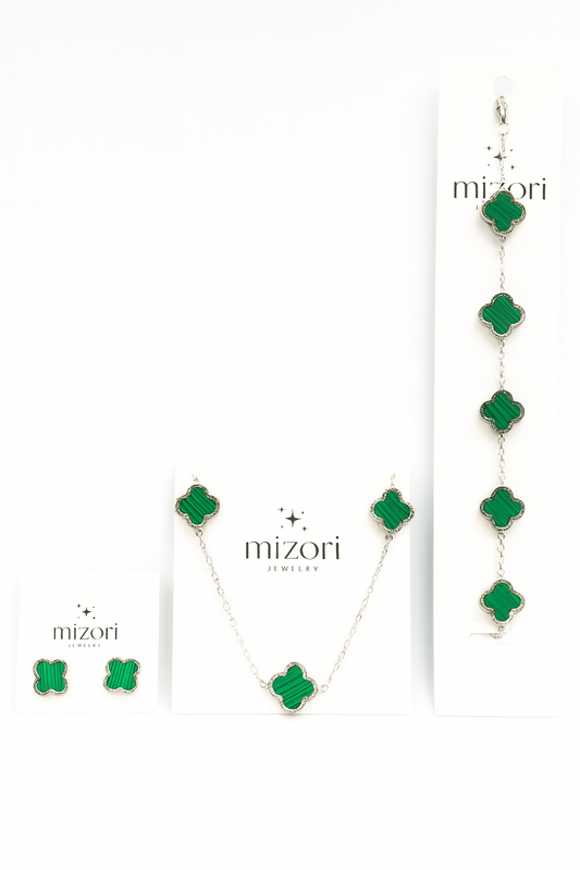 Mizori Jewelry stainless steel silver and green clover set featuring 13mm clover necklace, bracelet, and earrings, water resistant and tarnish-free