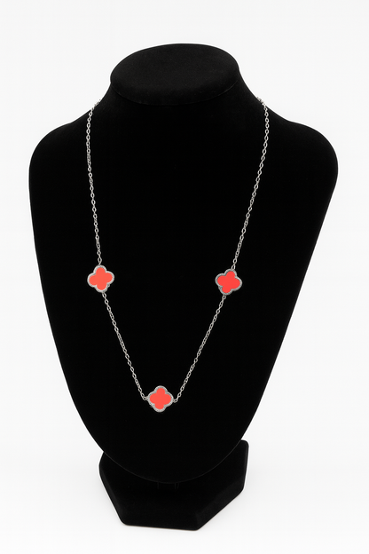 Mizori Jewelry stainless steel silver pink 13mm clover necklace on stand elegant water resistant fashion jewelry