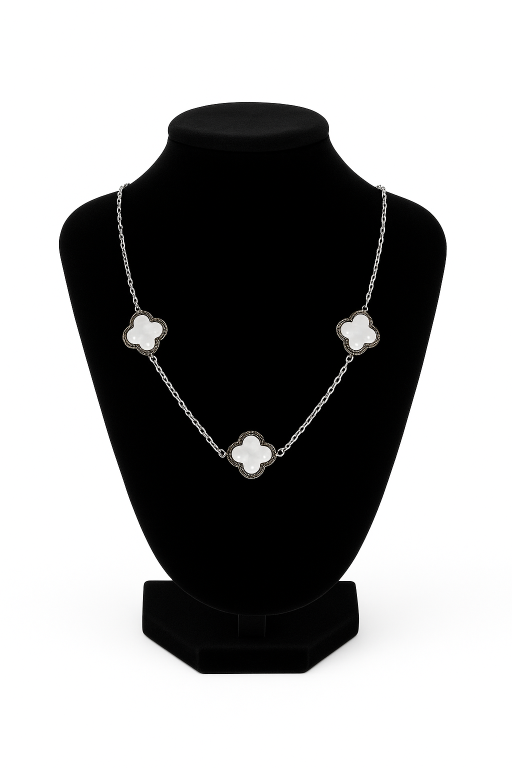 Mizori Jewelry white & silver 13mm clover necklace, stainless steel, water resistant, displayed on stand