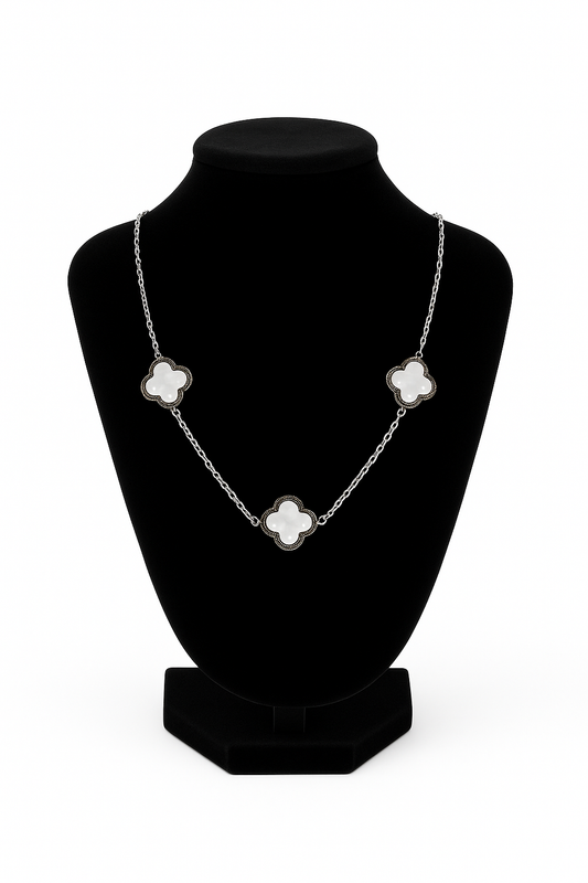 Mizori Jewelry white & silver 13mm clover necklace, stainless steel, water resistant, displayed on stand