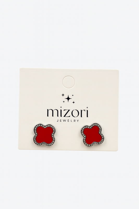 mizori_jewelry_stainless_steel_13mm_clover_red_silver_earrings – Elegant water-resistant stud earrings with vibrant red clovers framed in silver