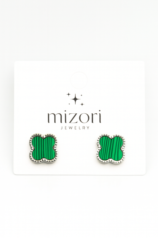 Mizori Jewelry stainless steel silver earrings with 13mm green clover design, water resistant and tarnish resistant.