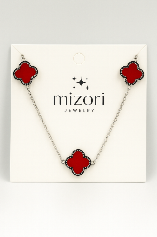 mizori jewelry stainless steel 13mm silver red clover necklace – elegant water resistant necklace with 3 red clovers and adjustable chain