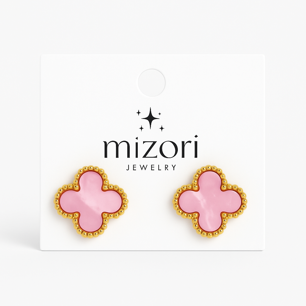Mizori Jewelry stainless steel gold earrings with 15mm pink clovers, water resistant and tarnish resistant