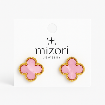 Mizori Jewelry stainless steel gold earrings with 15mm pink clovers, water resistant and tarnish resistant