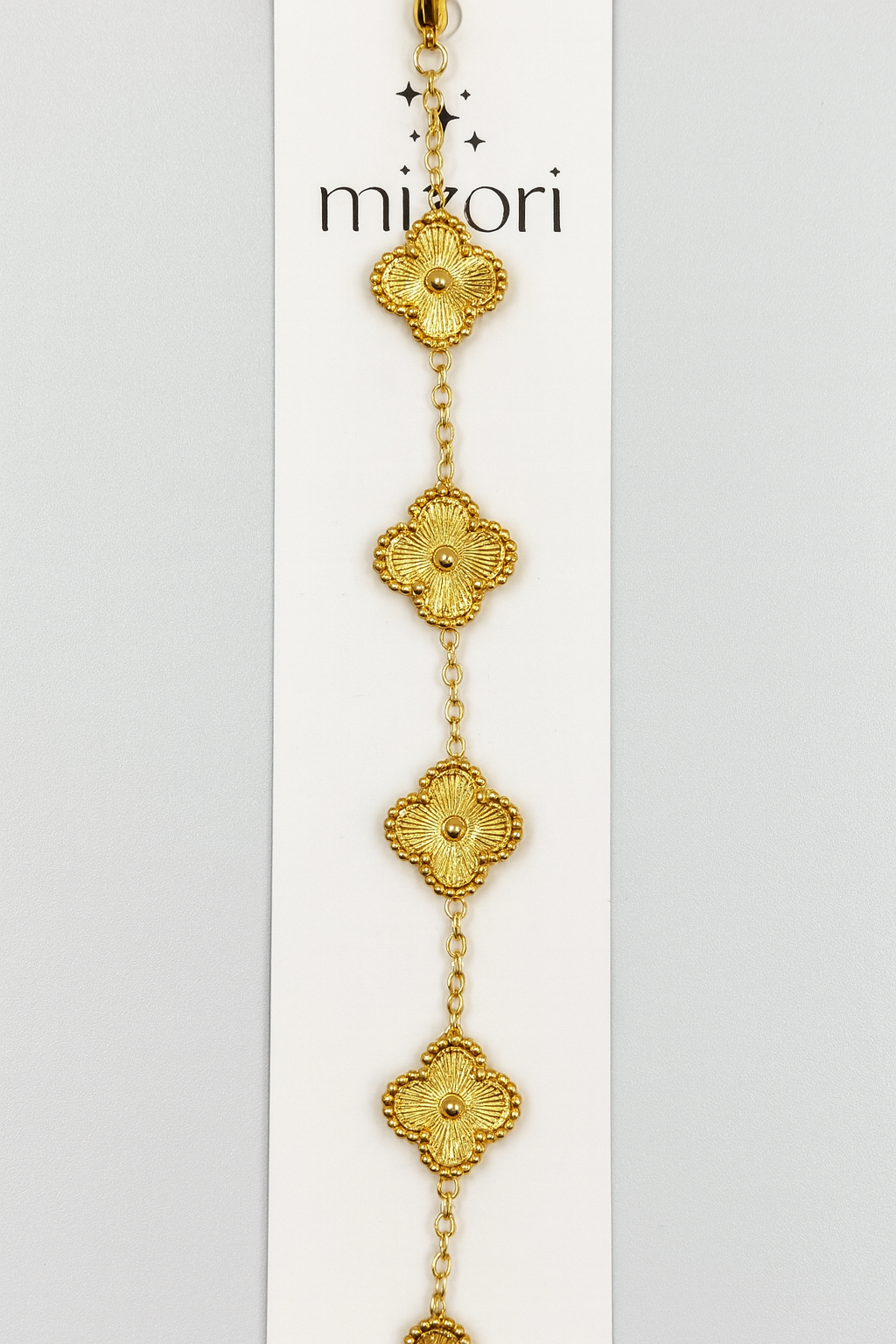 mizori_jewelry_stainless_steel_gold_13mm_clover_bracelet_with_five_clovers_water_resistant