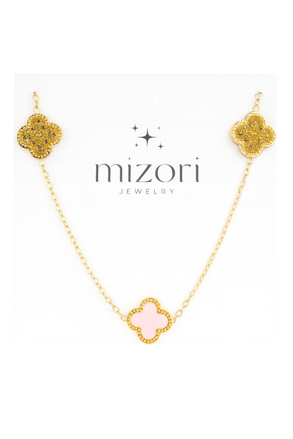 Mizori Jewelry stainless steel gold necklace with 13mm pink clover and crystal stones – water resistant, elegant design.