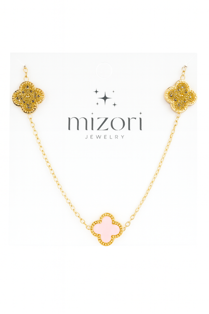 Mizori Jewelry stainless steel gold necklace with 13mm pink clover and crystal stones – water resistant, elegant design.