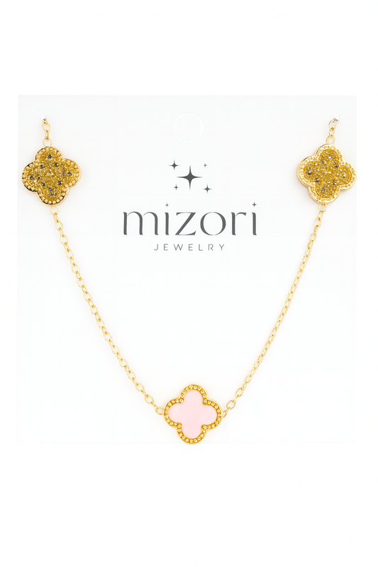 Mizori Jewelry stainless steel gold necklace with 13mm pink clover and crystal stones – water resistant, elegant design.