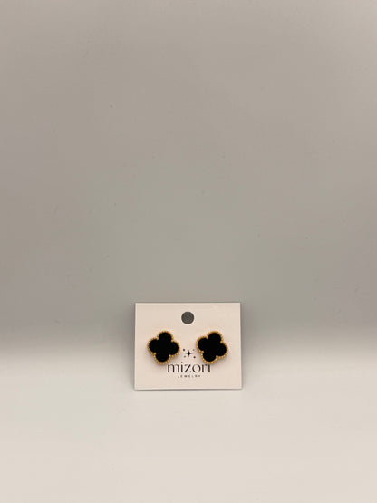 Elegant Mizori Jewelry stainless steel clover earrings in black and gold, minimalist modern design, hypoallergenic women’s fashion jewelry.