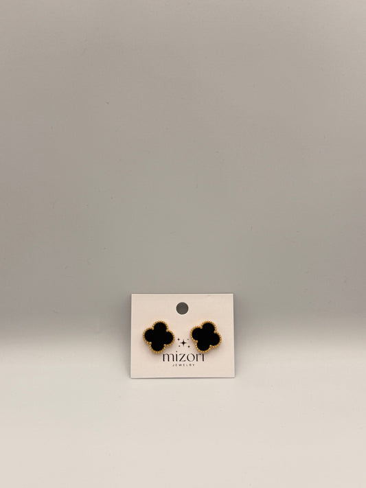 Elegant Mizori Jewelry stainless steel clover earrings in black and gold, minimalist modern design, hypoallergenic women’s fashion jewelry.